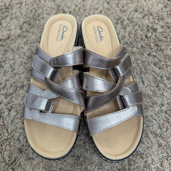 Clarks Shoes - Clarks Collection Leisa Janna Metallic Pewter Leather Slide Sandals Womens 9 M
